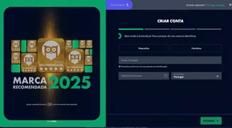 Registro de conta no Solverde destaque para prêmio de marca recomendada. Tela de registro da conta com formulário de preenchimento e destaque do prêmio “Marca Recomendada 2025” à esquerda.